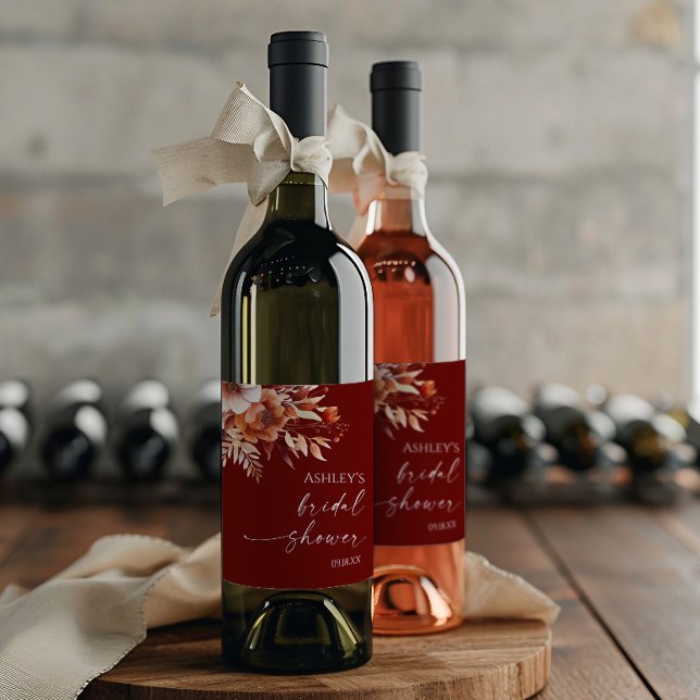 Étiquette Pour Bouteilles De Vin Rusty Burgundy Marron Floral Fleur Mariage (Créateur téléchargé)