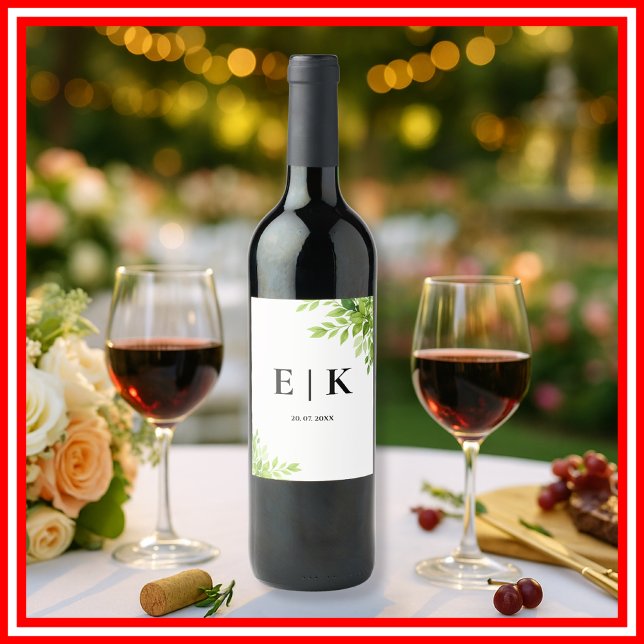 Étiquette Pour Bouteilles De Vin Sage Green Feuille Verdure Monogramme Mariage (Créateur téléchargé)