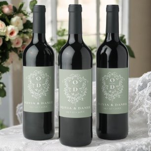 Étiquette Pour Bouteilles De Vin Sage Green Monogramme Mariage Floral Crest