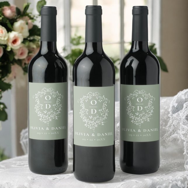 Étiquette Pour Bouteilles De Vin Sage Green Monogramme Mariage Floral Crest (Créateur téléchargé)