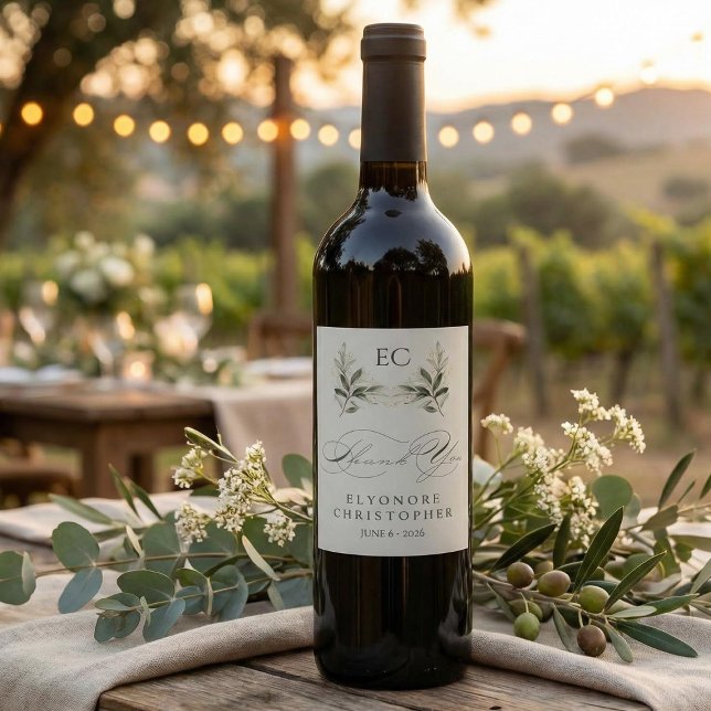 Étiquette Pour Bouteilles De Vin Sage Green Olive Branch Monogram Thank You Card (Créateur téléchargé)