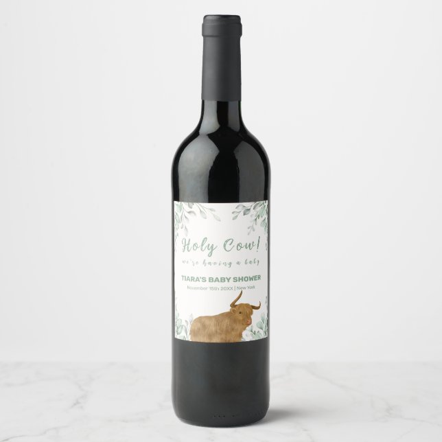 Étiquette Pour Bouteilles De Vin Saint-Vache Rustique Boho Baby shower de verdure (Devant)