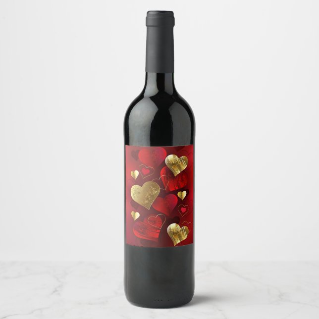 Étiquette Pour Bouteilles De Vin Saint-Valentin dorés et rouges (Devant)