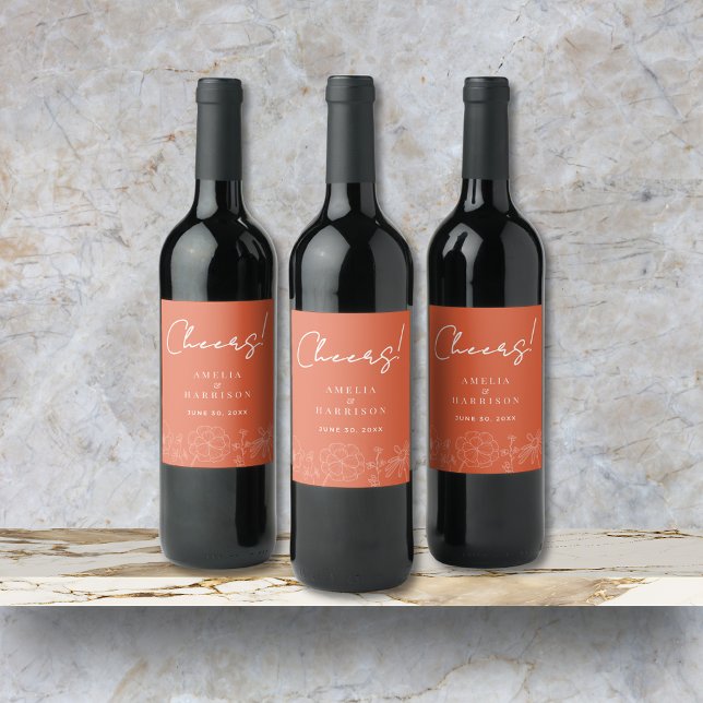 Étiquette Pour Bouteilles De Vin Salaire Verona Sunset Elégant Mariage Floral Orang (Cheers Verona Sunset Elegant Orange Floral Wedding Wine Label with Couple Names, Wedding Date.)