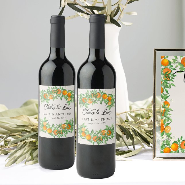 Étiquette Pour Bouteilles De Vin Salut à l'amour Mariage de fleurs orange (Cheers to Love Wine Labels from the Orange Blossom Wedding Collection by Darling & May)