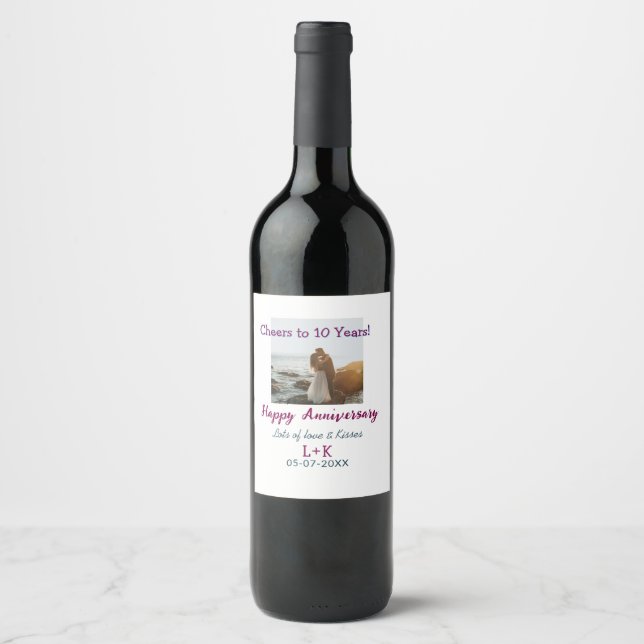 Étiquette Pour Bouteilles De Vin Salutations à 10 ans heureux anniversaire ajouter  (Devant)
