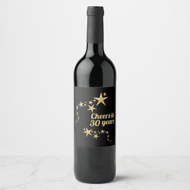 Étiquette Pour Bouteilles De Vin Salutations à 30 ans Black et Gold Stars Anniversa (Devant)