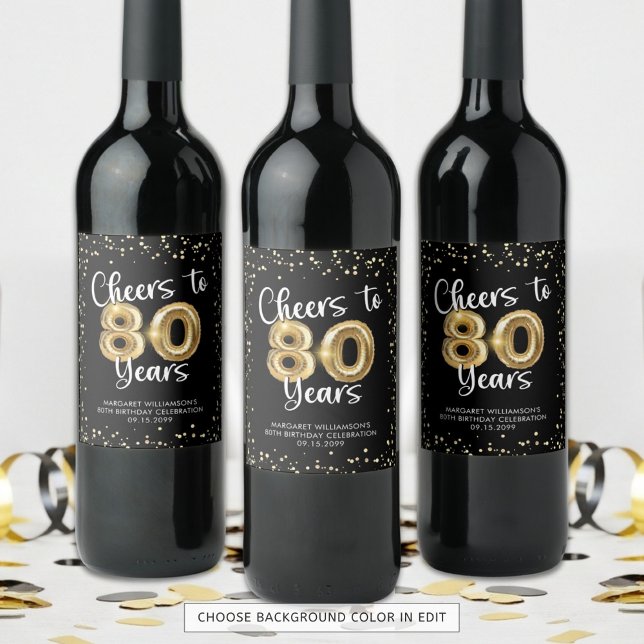 Étiquette Pour Bouteilles De Vin Salutations à 80 ans Black Gold Confetti Anniversa (Créateur téléchargé)