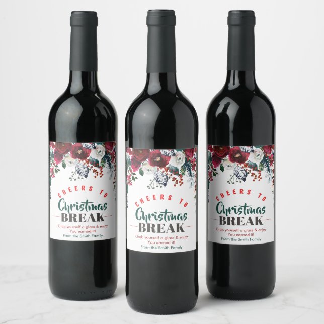 Étiquette Pour Bouteilles De Vin Salutations De Noël Avec Fleurs D'Aquarelle (Bouteilles)
