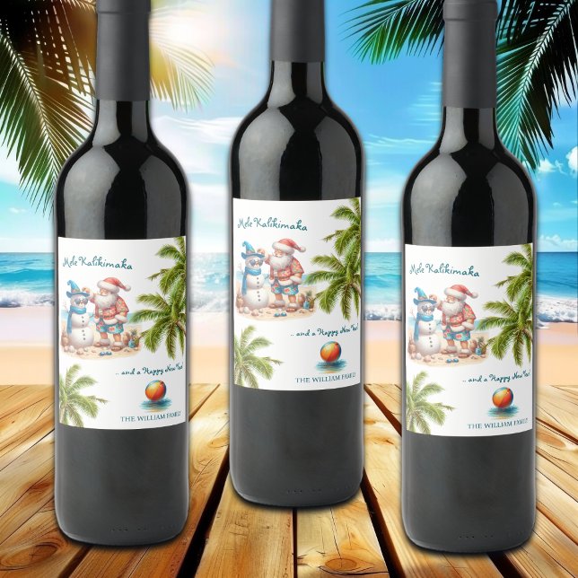 Étiquette Pour Bouteilles De Vin Santa and Snowman Mele Kalikimaka Christmas (Créateur téléchargé)