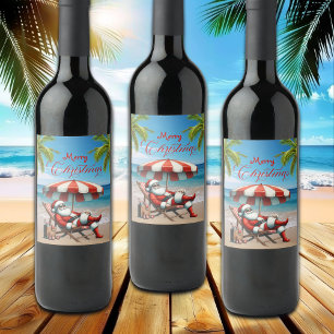 Étiquette Pour Bouteilles De Vin Santa sous un parasol de plage Noël