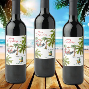 Étiquette Pour Bouteilles De Vin Santa sur une île tropicale Noël