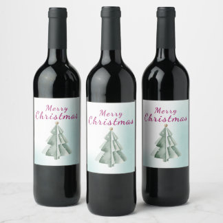 Étiquette Pour Bouteilles De Vin Sapin de Noël minimaliste vert sauge aquarelle