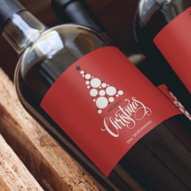 Étiquette Pour Bouteilles De Vin Sapin de Noël Moderne sur Fond Rouge (Créateur téléchargé)