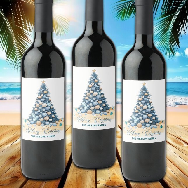 Étiquette Pour Bouteilles De Vin Sapin de Noël Plage Joyeux Noël (Créateur téléchargé)