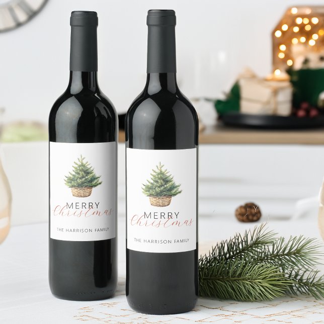 Étiquette Pour Bouteilles De Vin Sapin de Noël rustique dans un panier (Rustic Christmas Tree In Basket Wine Label)