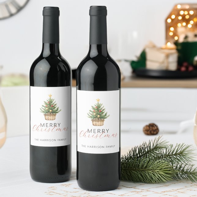 Étiquette Pour Bouteilles De Vin Sapin de Noël rustique dans un panier (Rustic Christmas Tree In Basket Wine Label)