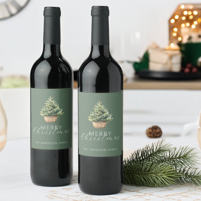 Étiquette Pour Bouteilles De Vin Sapin de Noël rustique dans un panier vert poussié (Rustic Christmas Tree In Basket Dusty Green Wine Label)