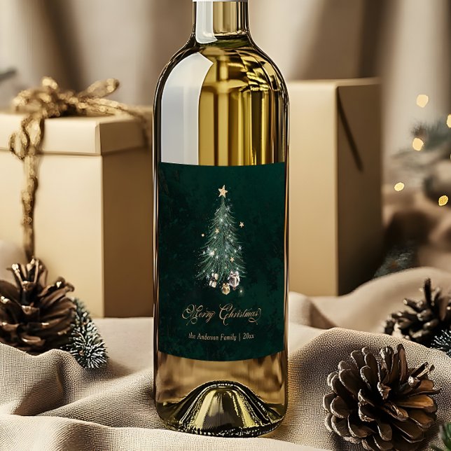Étiquette Pour Bouteilles De Vin Sapin de Noël vert élégant or (Créateur téléchargé)