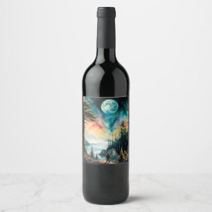 Étiquette Pour Bouteilles De Vin Sasquatch debout sur une crête au-dessus d'une bai