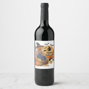 Étiquette Pour Bouteilles De Vin Scarecrow Citrouille Halloween Vibes rustiques Art