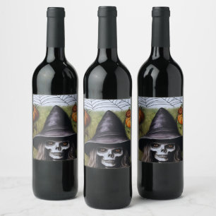 Étiquette Pour Bouteilles De Vin Scary Skeleton Witch pour une fête d'Halloween Dép