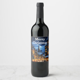 Étiquette Pour Bouteilles De Vin Scène de village d'hiver de Noël vintage à l'aquar