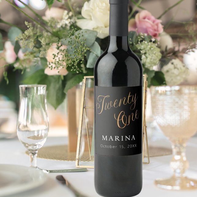 Étiquette Pour Bouteilles De Vin Script de nom d'or noir 21e anniversaire (Créateur téléchargé)