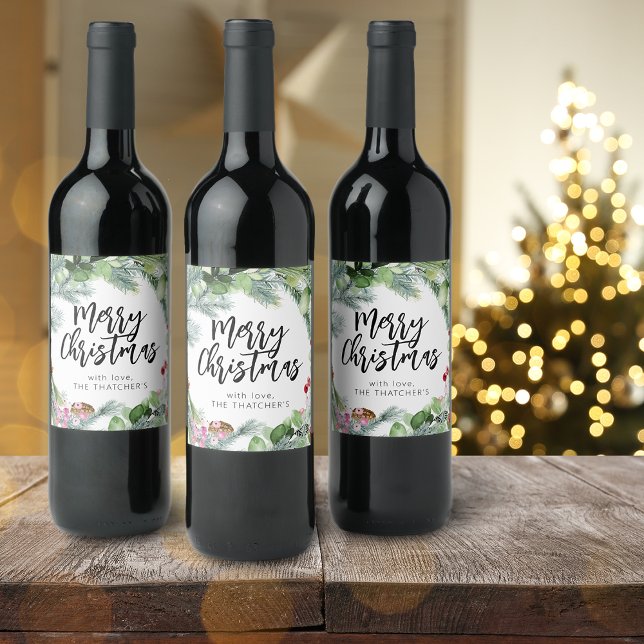 Étiquette Pour Bouteilles De Vin Script Joyeux Noël Aquarelle Verdure (Script Merry Christmas Watercolor Greenery Wine Label)