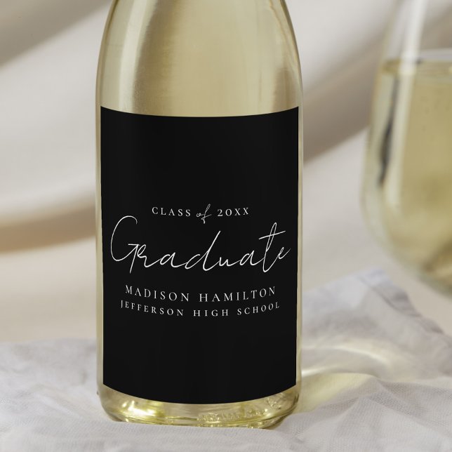 Étiquette Pour Bouteilles De Vin Script manuscrit moderne noir Graduation (Créateur téléchargé)