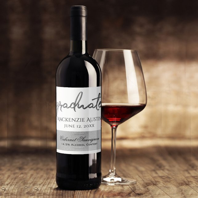 Étiquette Pour Bouteilles De Vin Script Silver Gradué | Faux Metallic tendance (Créateur téléchargé)