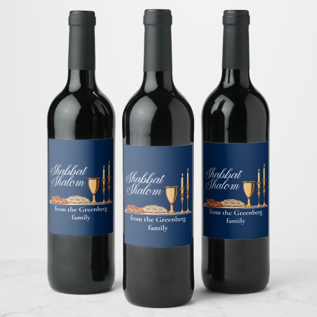 Étiquette Pour Bouteilles De Vin Shabbat Shalom Custom Blue Sabbath Dîner (Bouteilles)