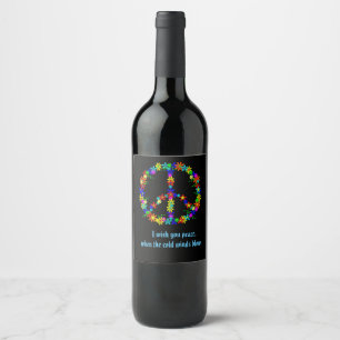 Étiquette Pour Bouteilles De Vin Signe de paix avec fleurs colorées