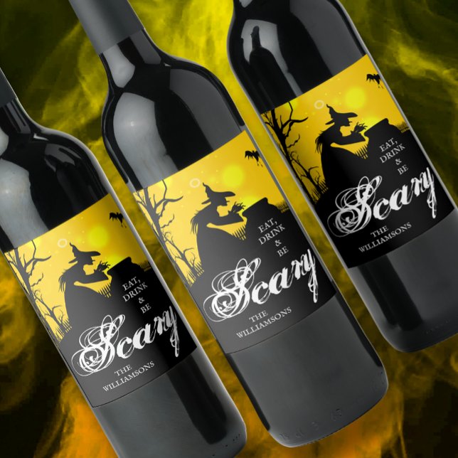 Étiquette Pour Bouteilles De Vin Silhouette de sorcière pieuse Halloween (Créateur téléchargé)
