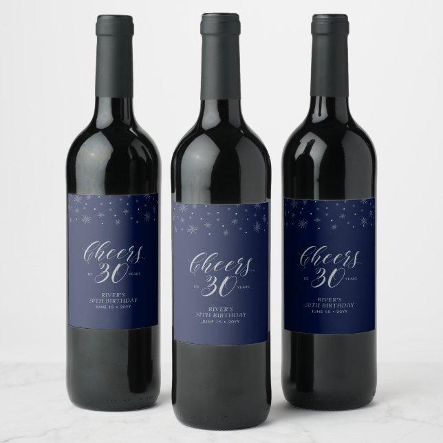 Étiquette Pour Bouteilles De Vin Silver & Blue Félicitations 30 ans, fête d'anniver (Bouteilles)