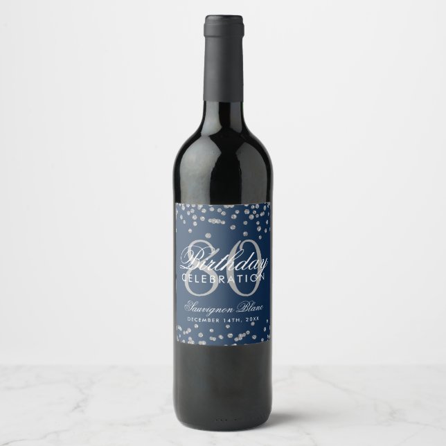 Étiquette Pour Bouteilles De Vin Silver Navy Blue 80e anniversaire Parties scintill (Devant)