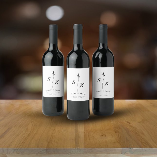 Étiquette Pour Bouteilles De Vin Simple Elegance Feuille Monogram Mariage chic (Créateur téléchargé)