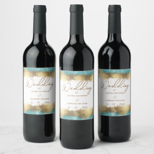 Étiquette Pour Bouteilles De Vin Simple feuille d'or et bordure bleu aqua minimalis