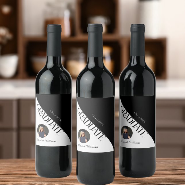Étiquette Pour Bouteilles De Vin Simple Graduation noir et blanc (Créateur téléchargé)