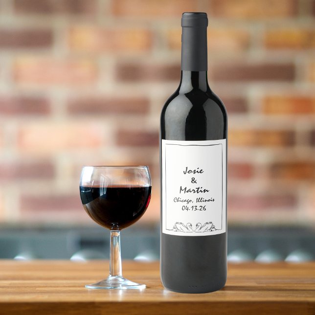 Étiquette Pour Bouteilles De Vin Simple intemporel manuscrit Mariage Swan personnal (Classic wine label with elegant swans for a romantic wedding. Timeless design with French charm.)