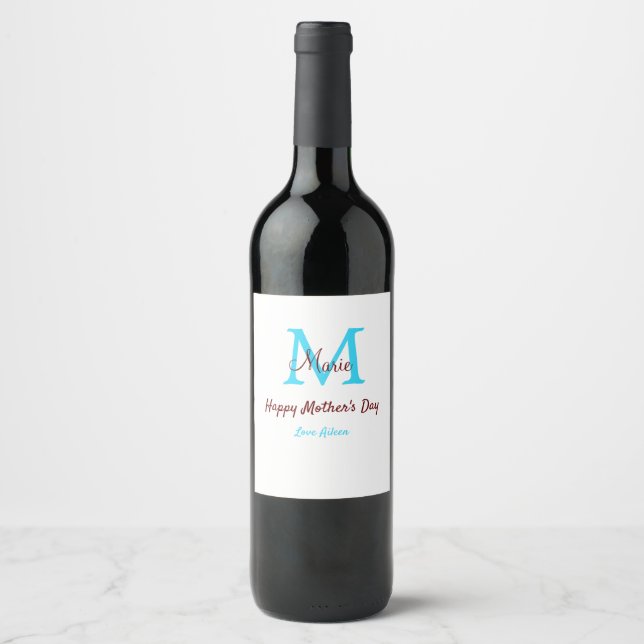 Étiquette Pour Bouteilles De Vin simple minimum jour mère bleu monogramme rose nom (Devant)