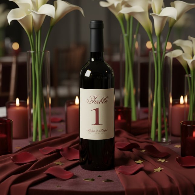 Étiquette Pour Bouteilles De Vin Simple Old Money Bold Red Wedding Table Numbers (Guide guests to their seats with sophistication using these Old Money Red Wedding Table Numbers!)