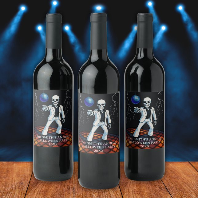 Étiquette Pour Bouteilles De Vin Skeleton Halloween Disco Party Merci (Skeleton Halloween Disco Party Thank You Wine Label)