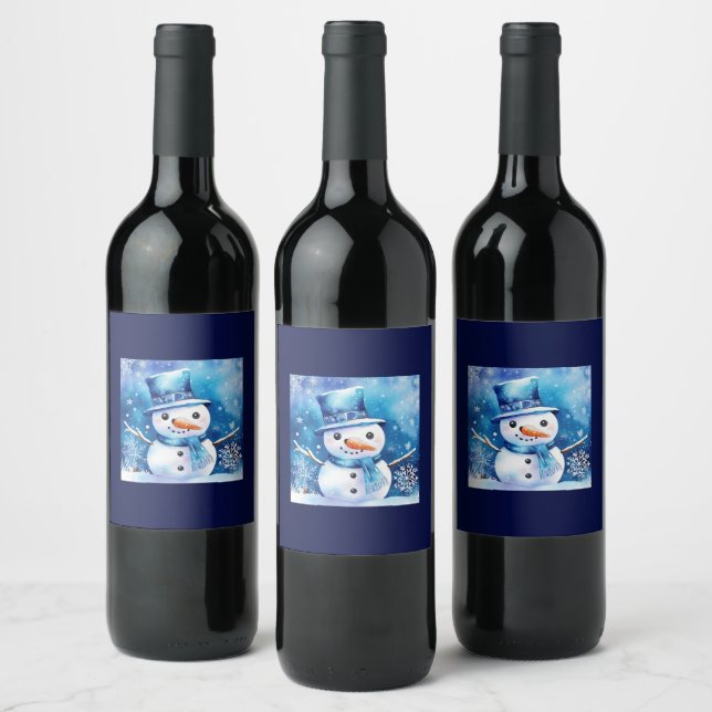 Étiquette Pour Bouteilles De Vin Snowman en bleu (Bouteilles)