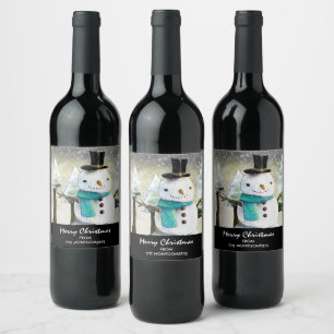 Étiquette Pour Bouteilles De Vin Snowman en hiver sur la scène de Noël