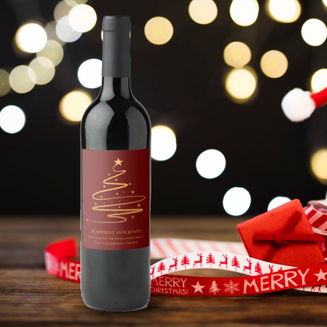 Étiquette Pour Bouteilles De Vin Société élégante d'entreprise Nom Arbre Rouge Noël (Elegant Corporate Company Name Tree Red Christmas Wine Label)