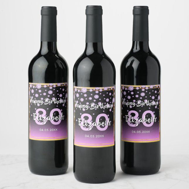 Étiquette Pour Bouteilles De Vin Soirée de 80e anniversaire noir violet diamants de (Bouteilles)