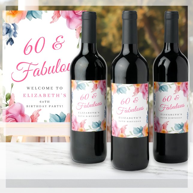 Étiquette Pour Bouteilles De Vin Soirée florale élégante 60e anniversaire (Créateur téléchargé)