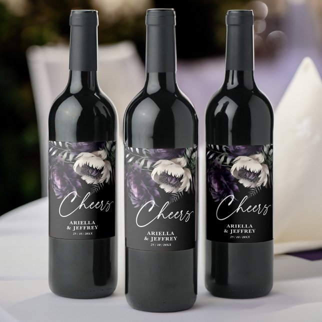 Étiquette Pour Bouteilles De Vin Soirée noir moody boho mariage élégant (Cheers dark moody boho elegant wedding wine label personalized wedding vine labels)