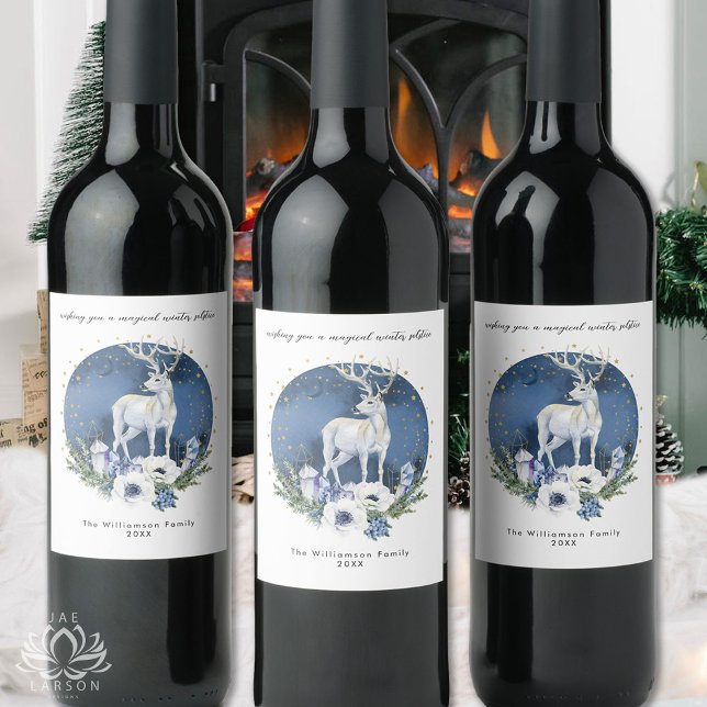 Étiquette Pour Bouteilles De Vin Solstice d'hiver Deer Bleu Blanc Noël (Créateur téléchargé)